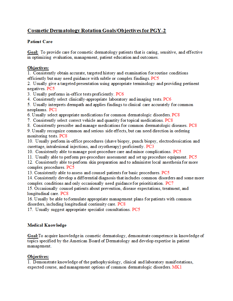 Cosmetic Dermatology Rotation Goals/Objectives for PGY-2 Patient Care Goal: To provide care for cosmetic dermatology patients that is caring, sensitiv