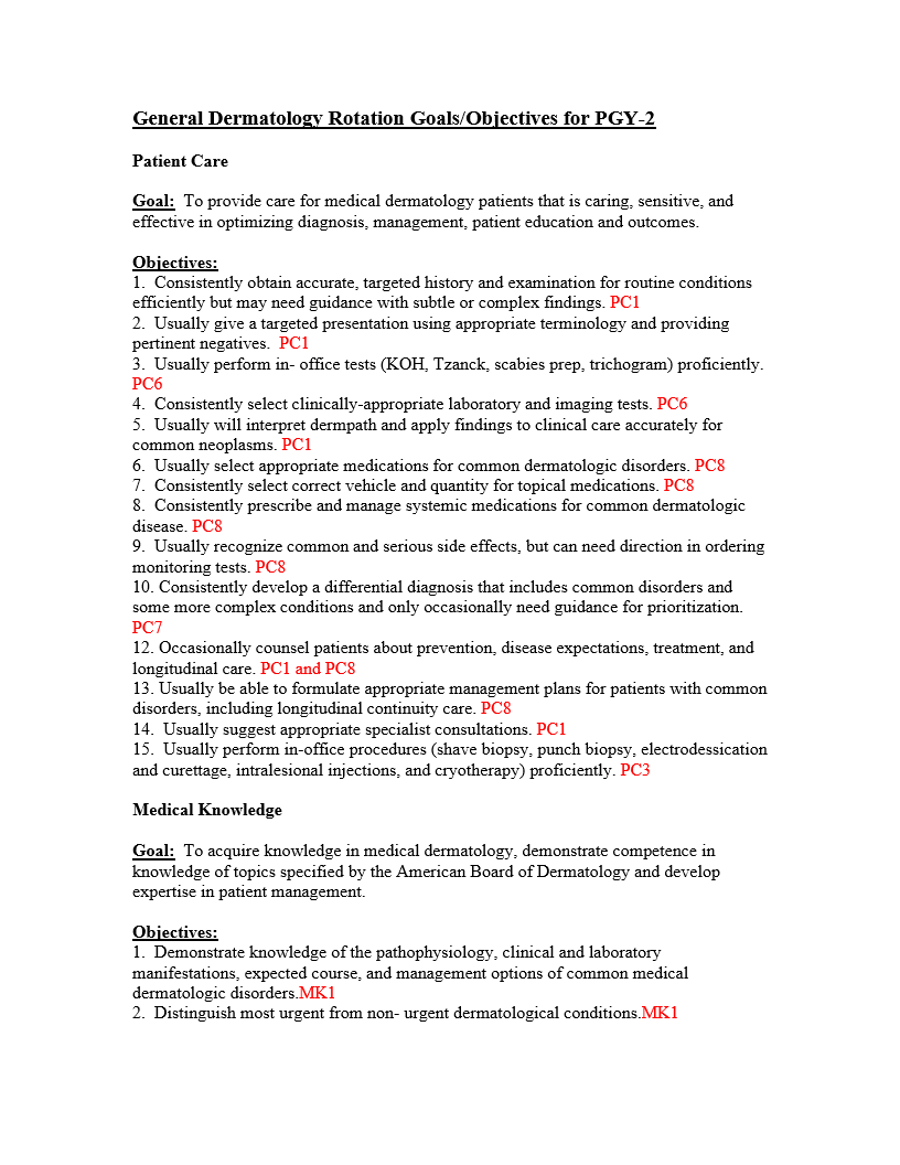 General Dermatology Rotation Goals/Objectives for PGY-2 Patient Care Goal: To provide care for medical dermatology patients that is caring, sensitive,