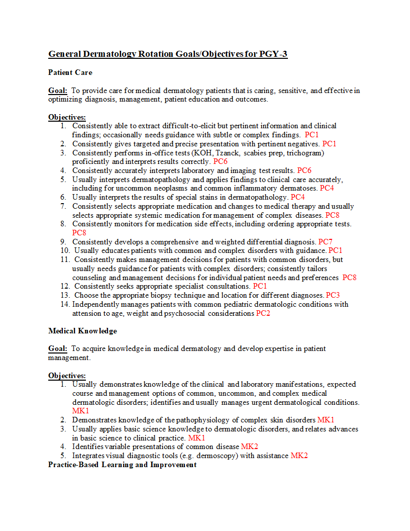 General Dermatology Rotation Goals/Objectives for PGY-3 Patient Care Goal: To provide care for medical dermatology patients that is caring, sensitive,