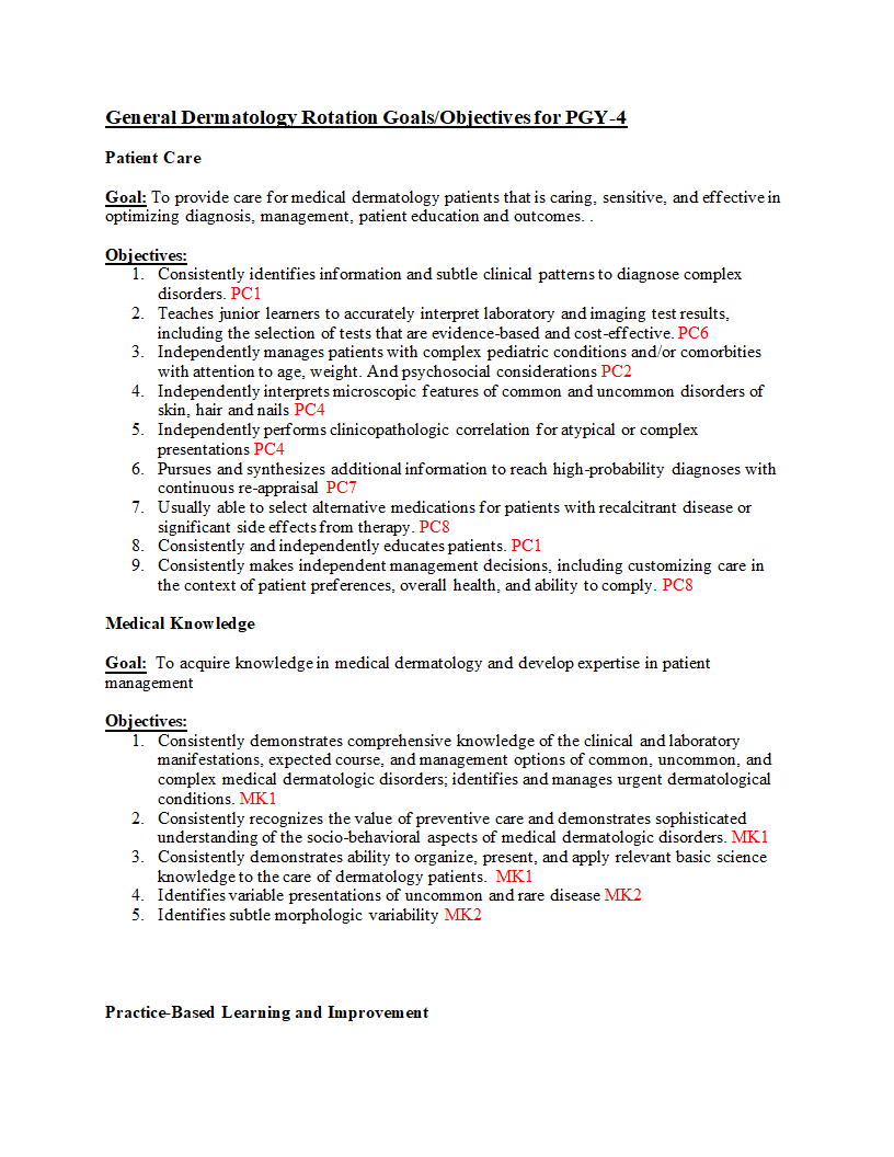 General Dermatology Rotation Goals/Objectives for PGY-4 Patient Care Goal: To provide care for medical dermatology patients that is caring, sensitive,