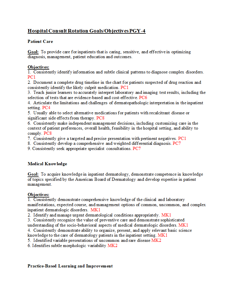 Hospital Consult Rotation Goals/Objectives PGY -4 Patient Care Goal: To provide care for inpatients that is caring, sensitive, and effective in optimi
