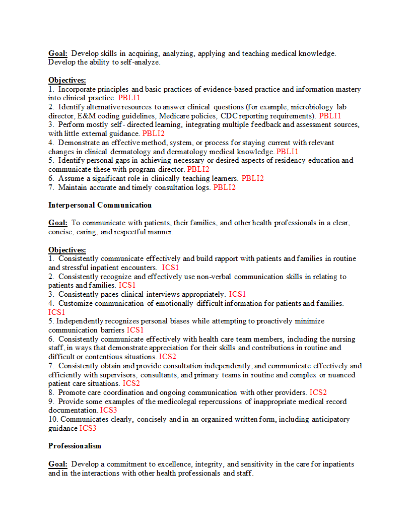 Goal: Develop skills in acquiring, analyzing, applying and teaching medical knowledge. Develop the ability to self-analyze. Objectives: 1. Incorporate