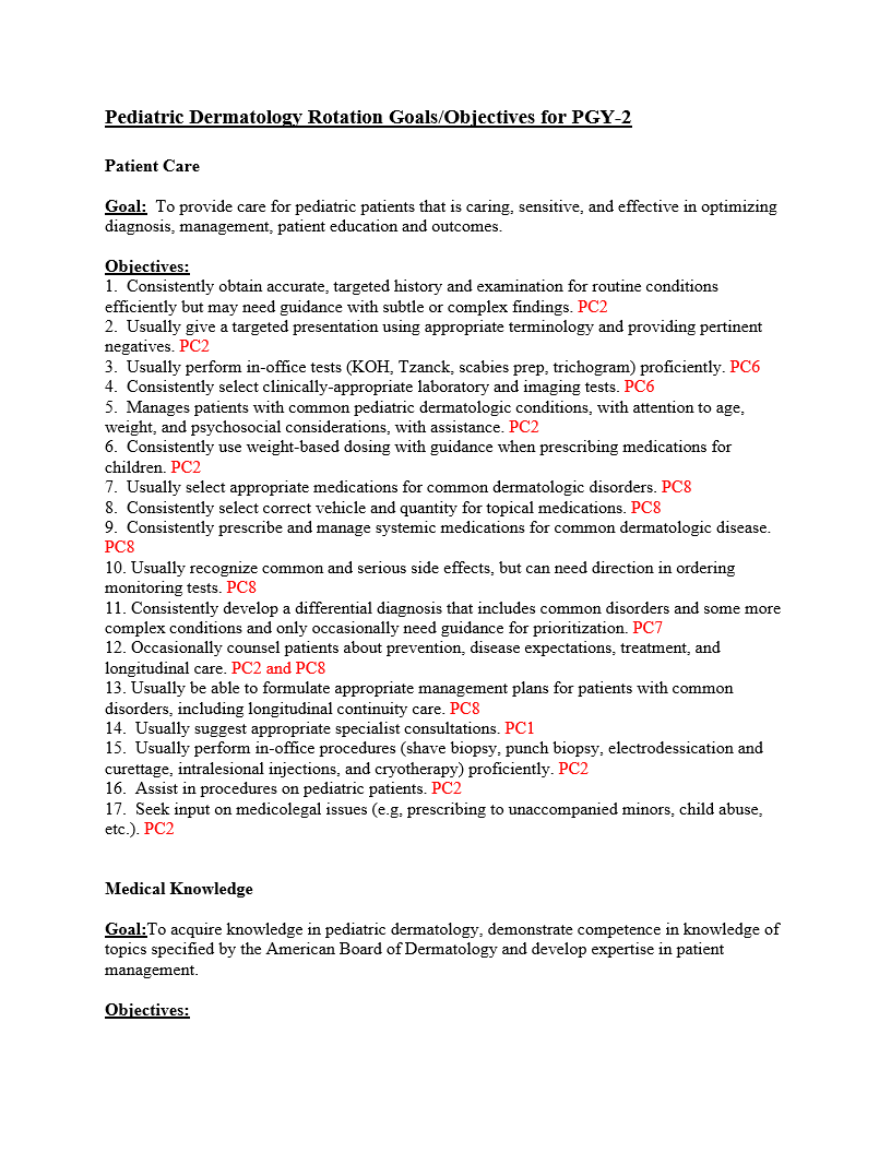 Pediatric Dermatology Rotation Goals/Objectives for PGY-2 Patient Care Goal: To provide care for pediatric patients that is caring, sensitive, and eff