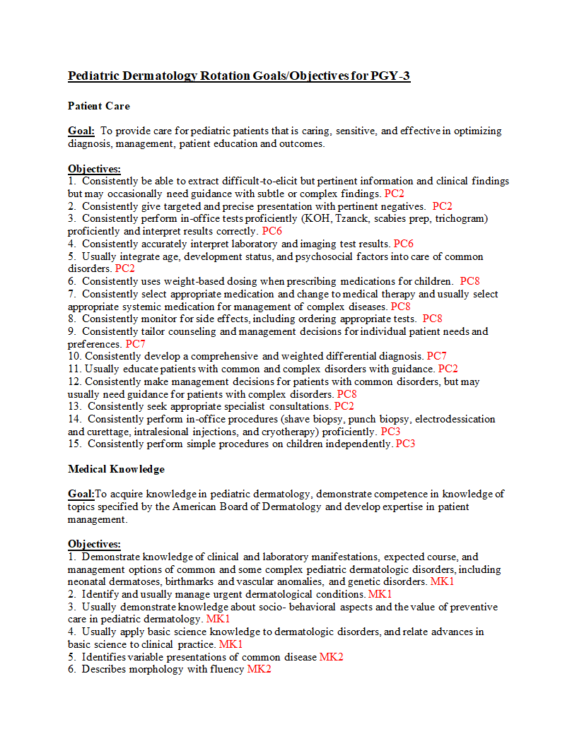 Pediatric Dermatology Rotation Goals/Objectives for PGY-3 Patient Care Goal: To provide care for pediatric patients that is caring, sensitive, and eff