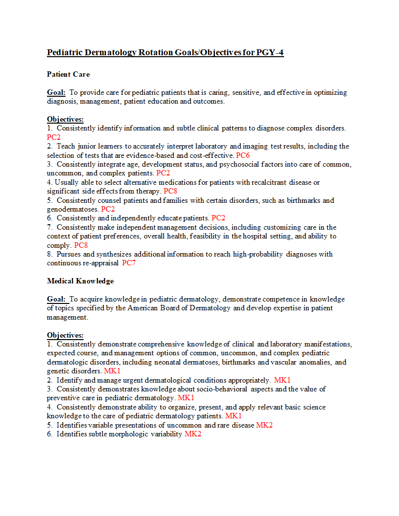 Pediatric Dermatology Rotation Goals/Objectives for PGY -4 Patient Care Goal: To provide care for pediatric patients that is caring, sensitive, and ef