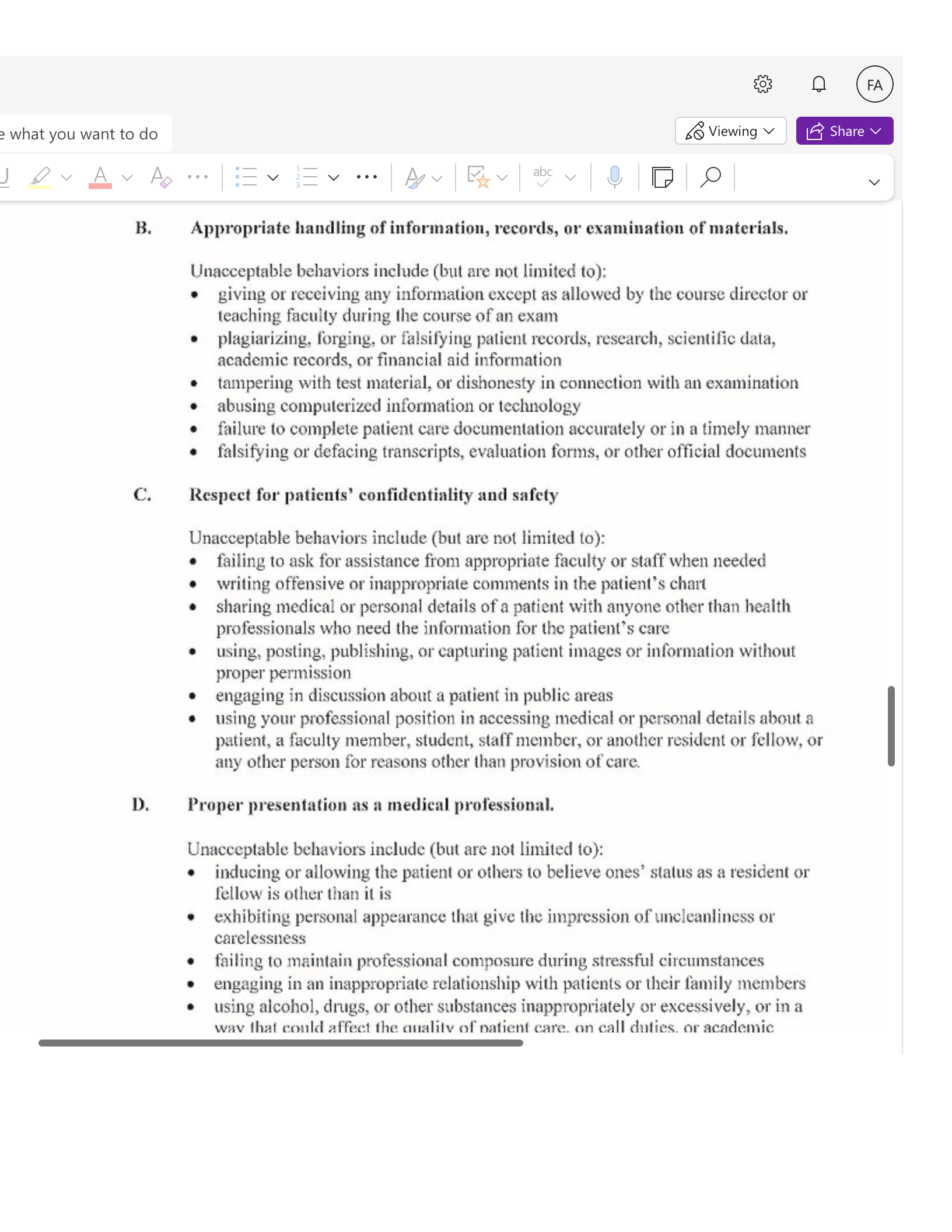 e what you want to do So Viewing v RVAVA... '= V abc v B. Appropriate handling of information, records, or examination of materials. Unacceptable beha
