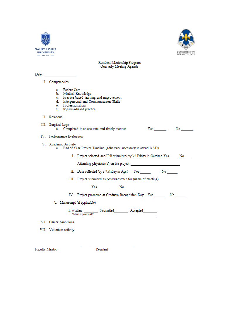 SAINT LOUIS UNIVERSITY. Resident Mentorship Program Quarterly Meeting Agenda Date: Competencies b. Patient Care Medical Knowledge Practice-based learn