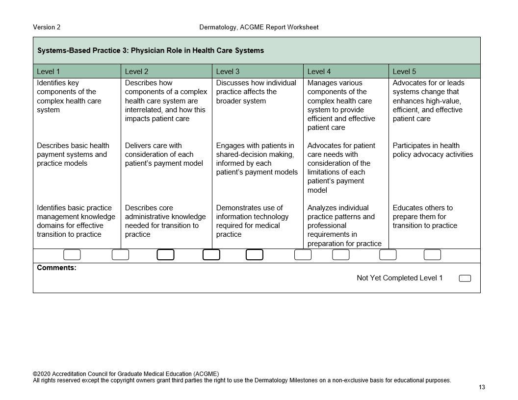 Version 2 Dermatology, ACGME Report Worksheet Systems-Based Practice 3: Physician Role in Health Care Systems Level 1 Identifies key components of the