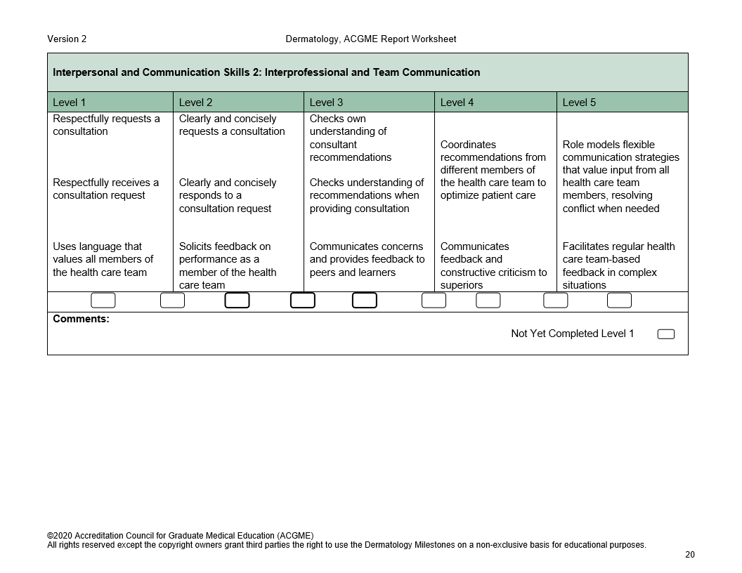 Version 2 Dermatology, ACGME Report Worksheet Interpersonal and Communication Skills 2: Interprofessional and Team Communication Level 1 Respectfully 