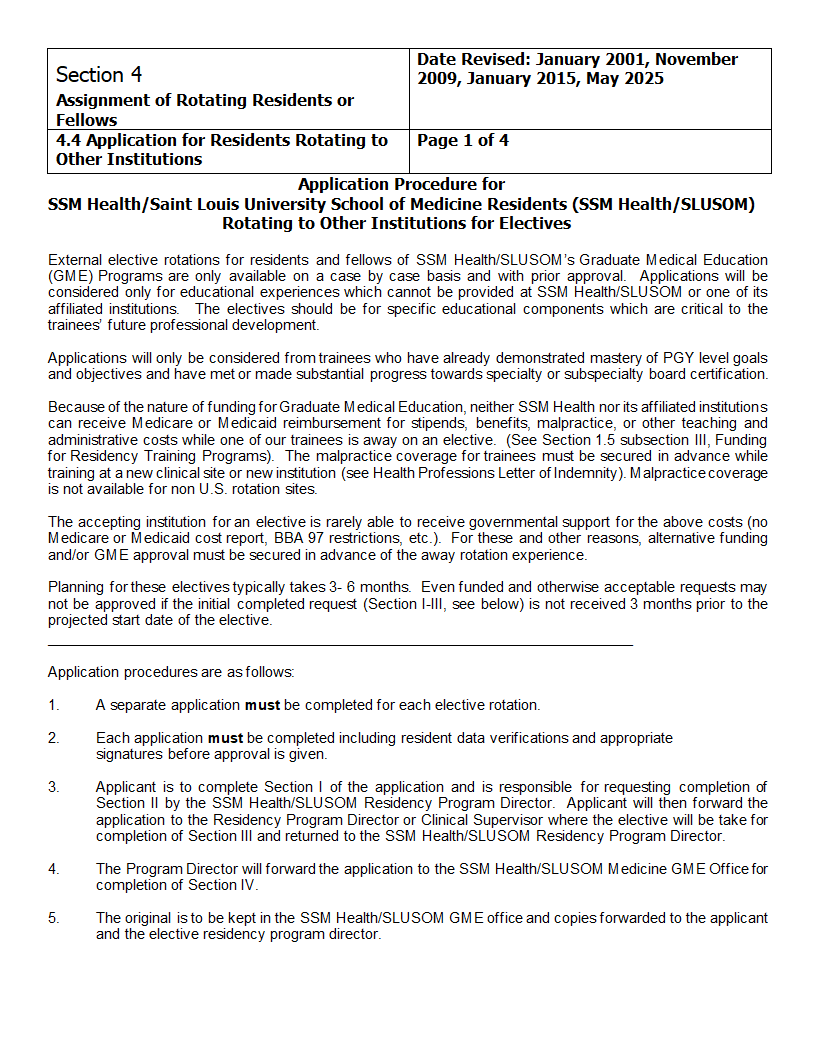 Section 4 Assignment of Rotating Residents or Fellows 4.4 Application for Residents Rotating to l Page 1 of 4 Other Institutions Date Revised: January