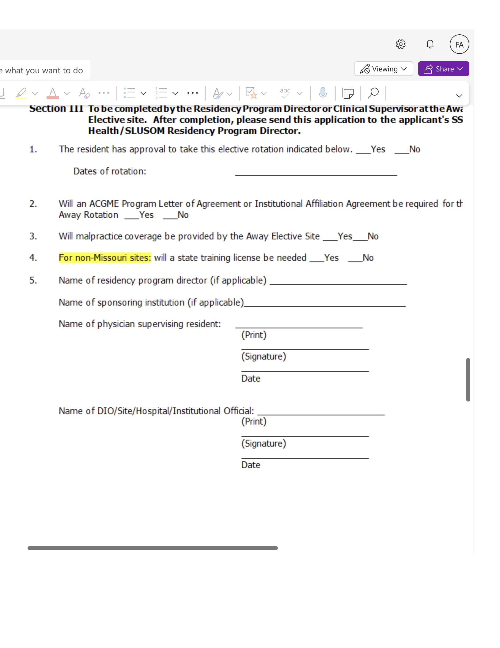 e what you want to do So Viewing v L Share v V Section III To be completed bythe Residency Program Directoror Clinical Supervisor atthe Awi Elective s