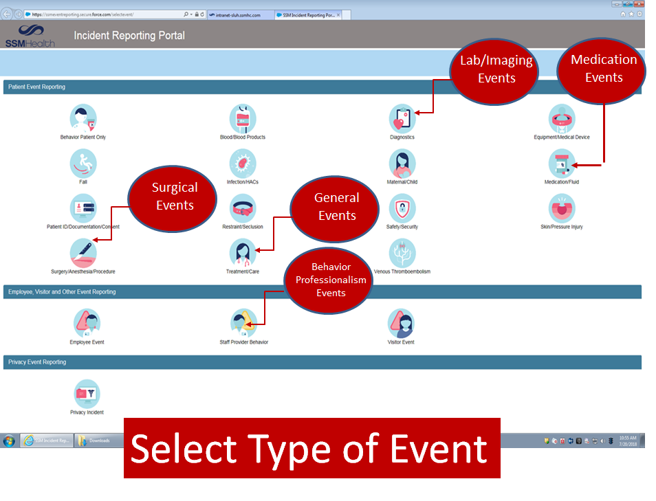 wintranet-sluh.ssmhc.com 0 * 0 Incident Reporting Portal SSMHealth Pabent Event Reporting Lab/Imaging Events Medication Events bensver Paser Oly Infec