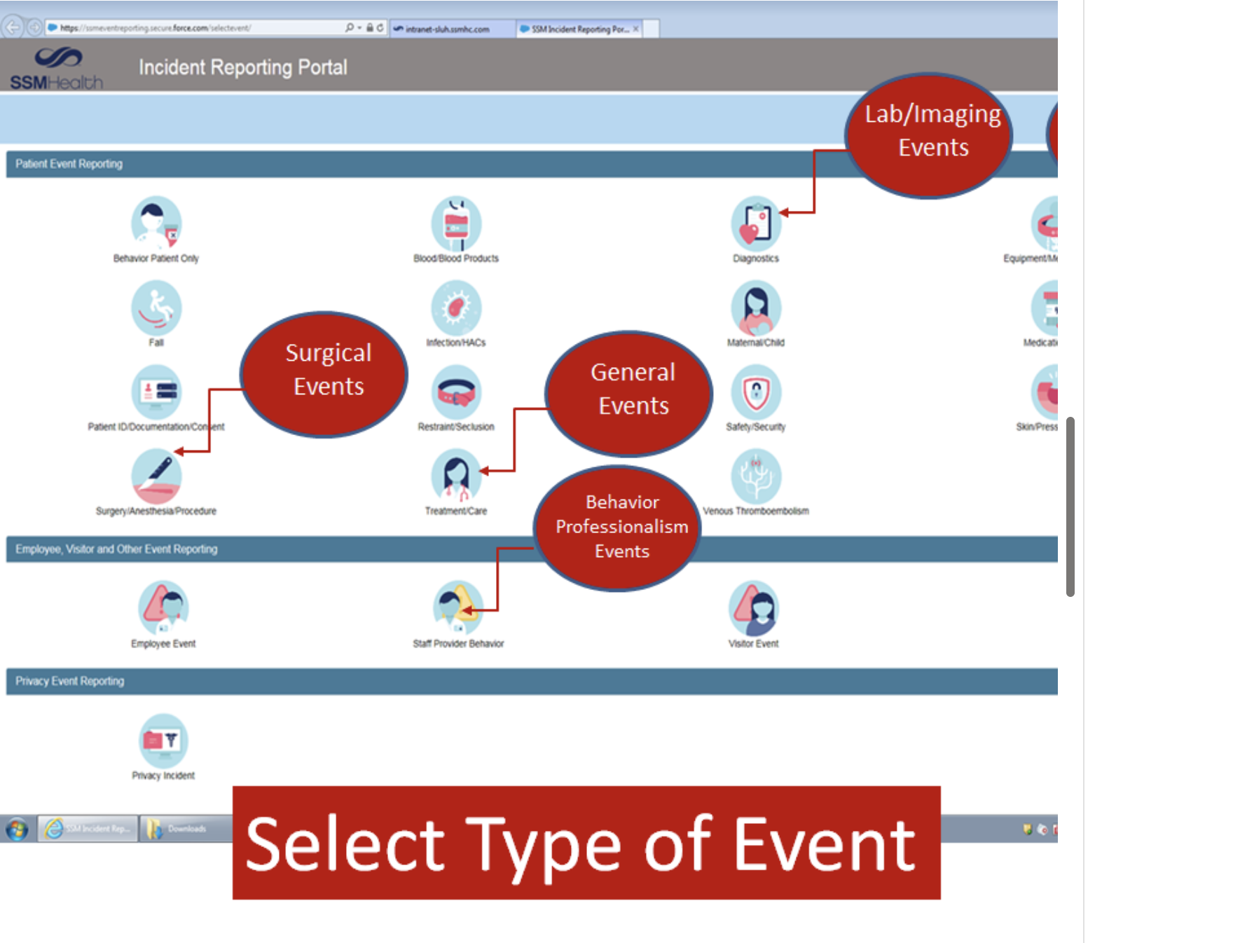 https://wsmeventreporting.secure.force.com/selectevent/ p- ac wn intanet-sluhssmb.com Incident Reporting Portal SSMHealth • SSM Incident Reporting Por
