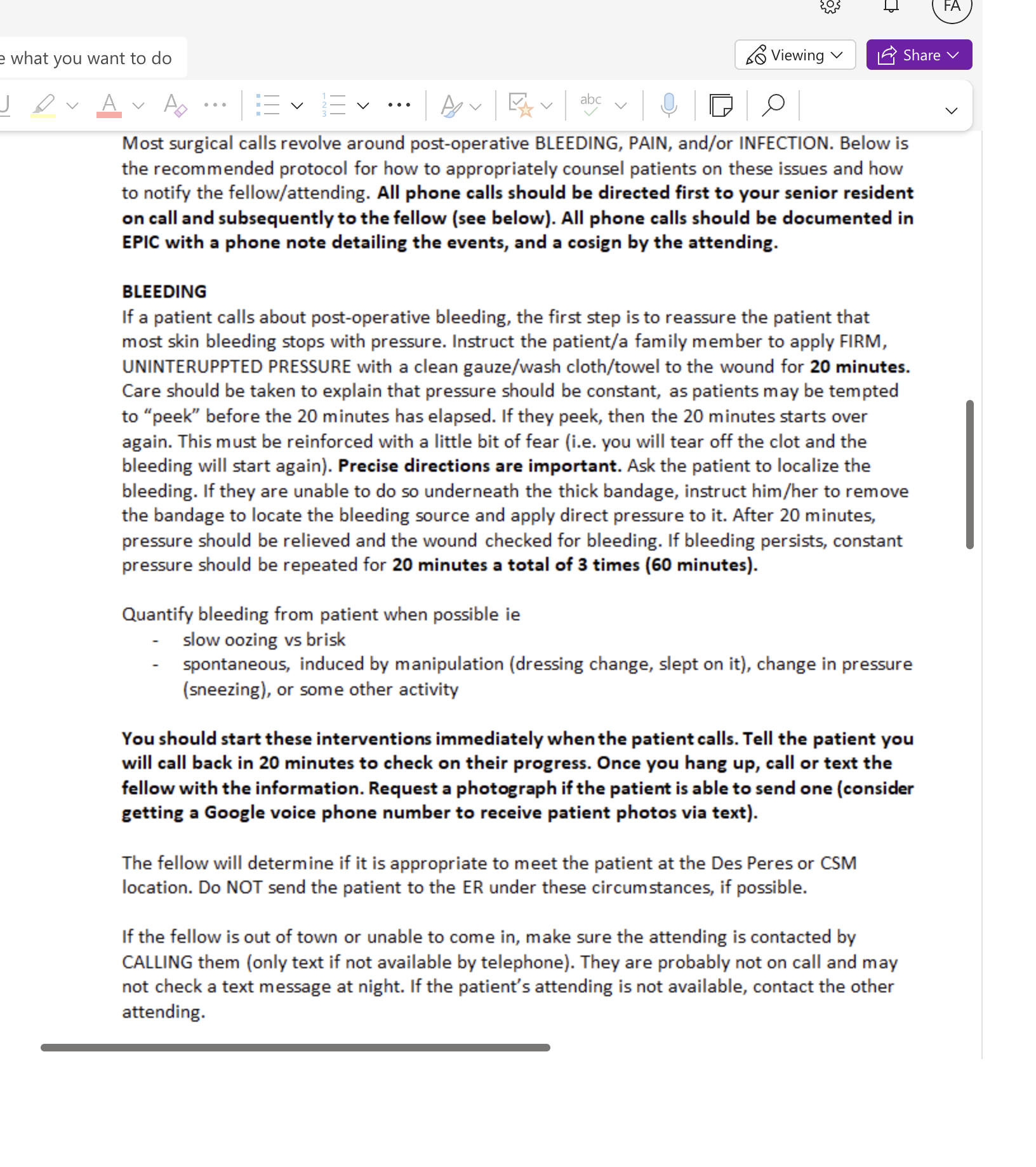e what you want to do o Viewing v 205 | FA LE Share v V Most surgical calls revolve around post-operative BLEEDING, PAIN, and/or INFECTION. Below is t