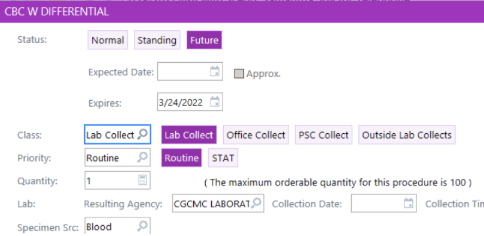CBC W DIFFERENTIAL Status: Normal Standing Expected Date: Expires: Lab Collect O Routine Future • Approx. 3/24/2022 # Lab Collect Routine Class: Prior