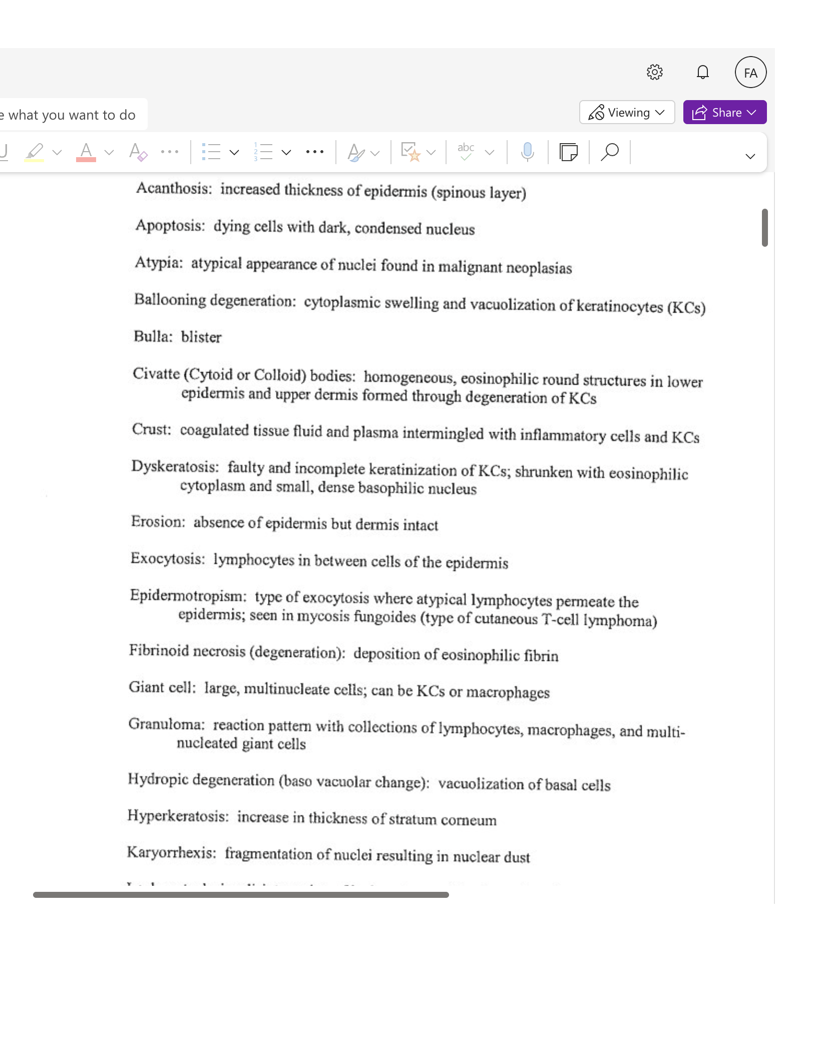So Viewing v e what you want to do FA LE Share V V Acanthosis: increased thickness of epidermis (spinous layer) Apoptosis: dying cells with dark, cond